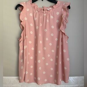 LC Lauren Conrad Blush Pink Sleeveless Ruffle Blouse With White Floral Design XL